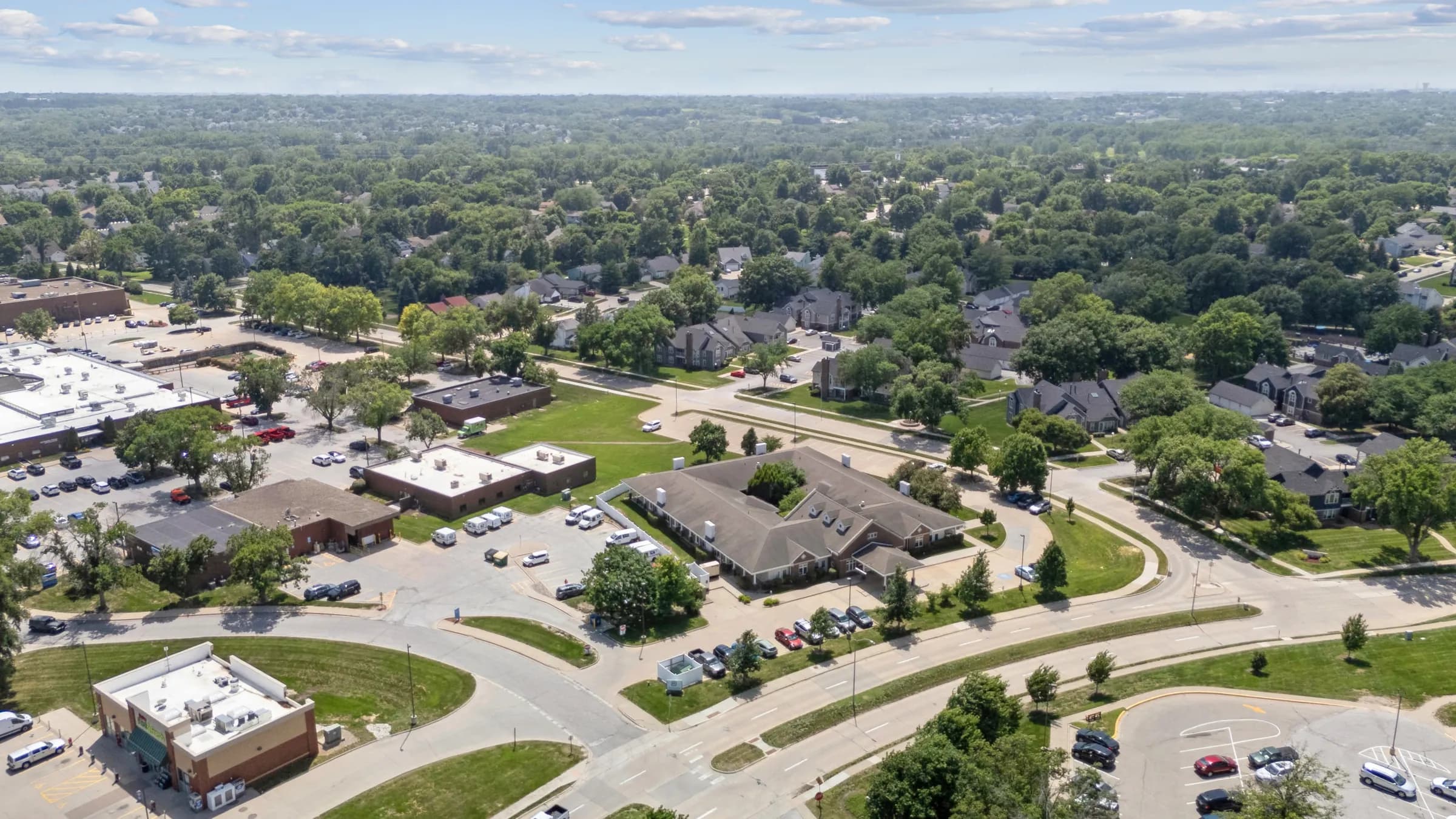 Aerial view of the quiet suburban streets surrounding the facility